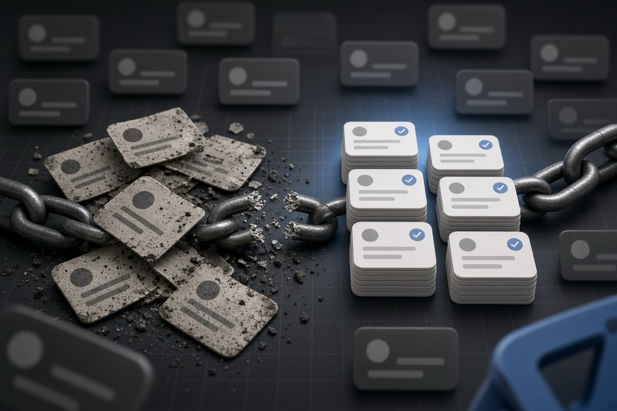 On the left, stacks of social post cards lie scattered and tangled beside a broken chain link; on the right, the same stacks stand in neat ordered piles next to an intact chain link.