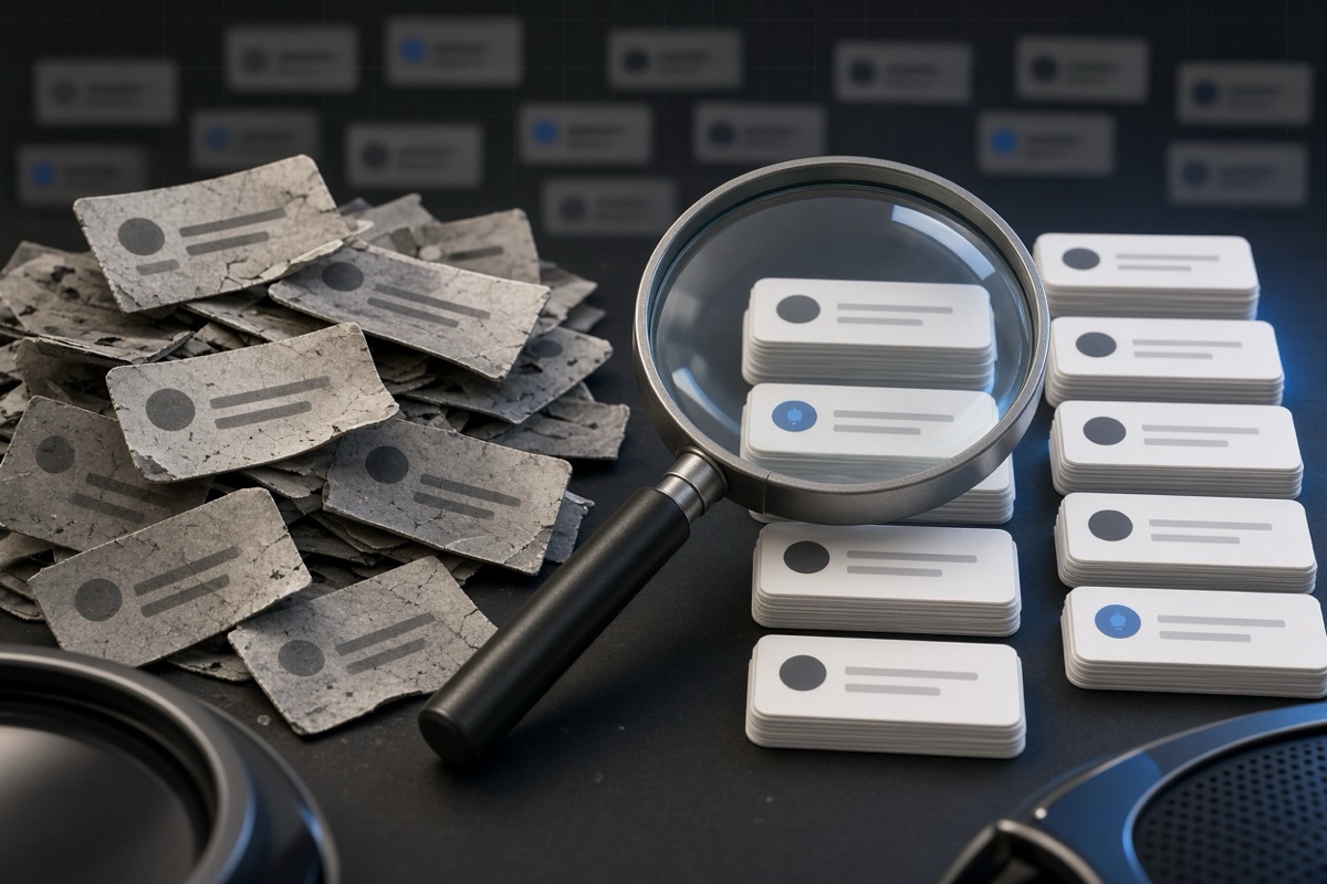 On the left, a messy heap of social post cards lies scattered and overlapping beside an idle magnifier; on the right, the same cards stand in neat filtered stacks under the magnifier’s lens.