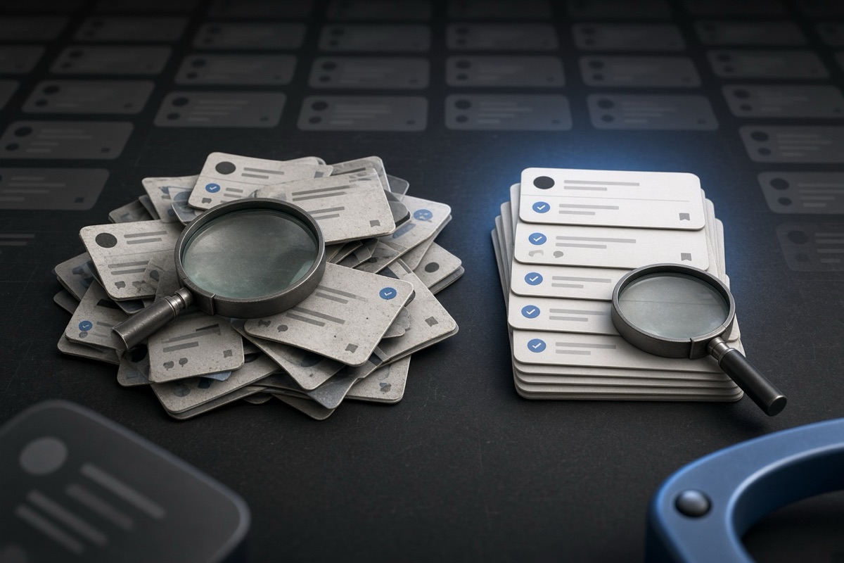 On the left, a disorganized heap of social post cards lies tangled and scattered beside an open magnifier; on the right, the same cards stand in a neat aligned stack under the closed magnifier.