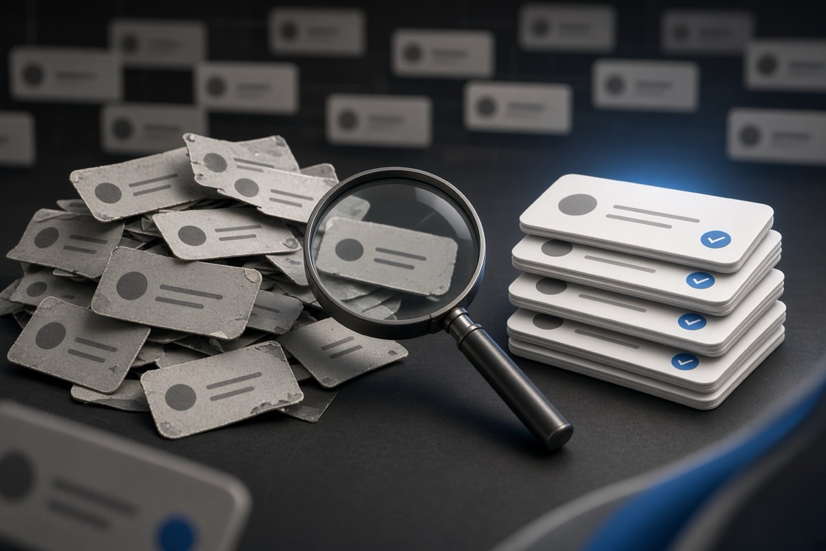 On the left, a disordered heap of social post cards lies scattered beside a magnifier; on the right, the same cards stand in a neat stack next to the magnifier.