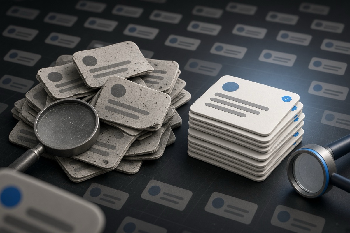 On the left, a jumbled heap of social post cards lies beside an open dusty magnifier; on the right, a tidy stack of social post cards sits with a closed clean magnifier.