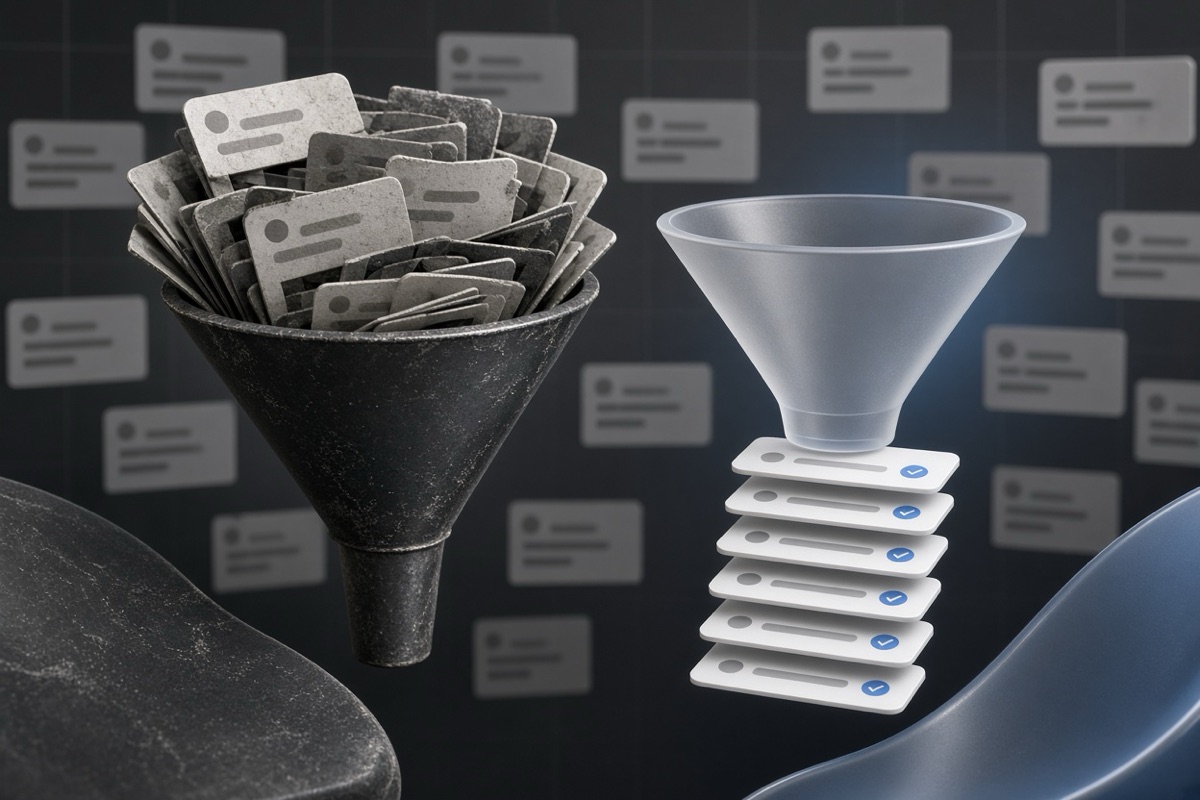 On the left, disordered stacks of social post cards spill and jam against a clogged funnel; on the right, neat stacks of social post cards flow in order through an open funnel.