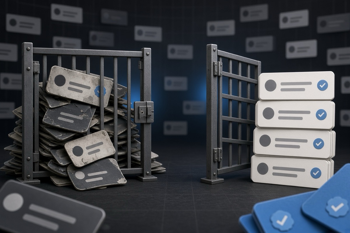 On the left, messy stacks of social post cards lie toppled and jammed against a closed metal barrier gate; on the right, the same cards stand in neat upright stacks beside the identical gate now swung fully open.