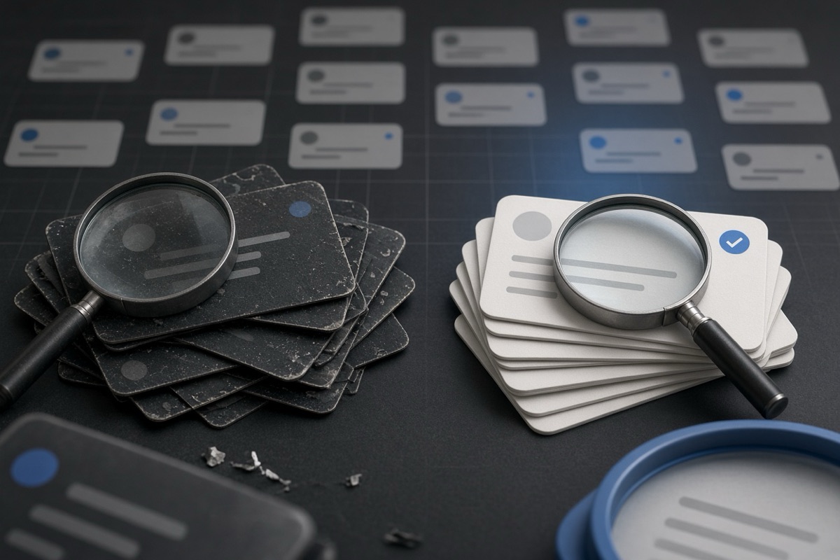 On the left, a cluttered heap of social post cards lies buried under an overturned magnifier; on the right, a tidy stack of social post cards sits with the magnifier resting upright on top.