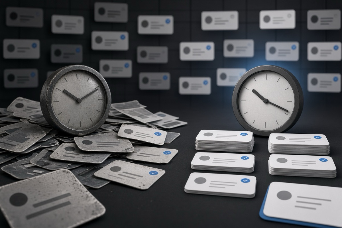 On the left, scattered stacks of social post cards lie in a cluttered heap beside a stopped clock; on the right, the same stacks stand in neat aligned piles next to the clock with hands set.