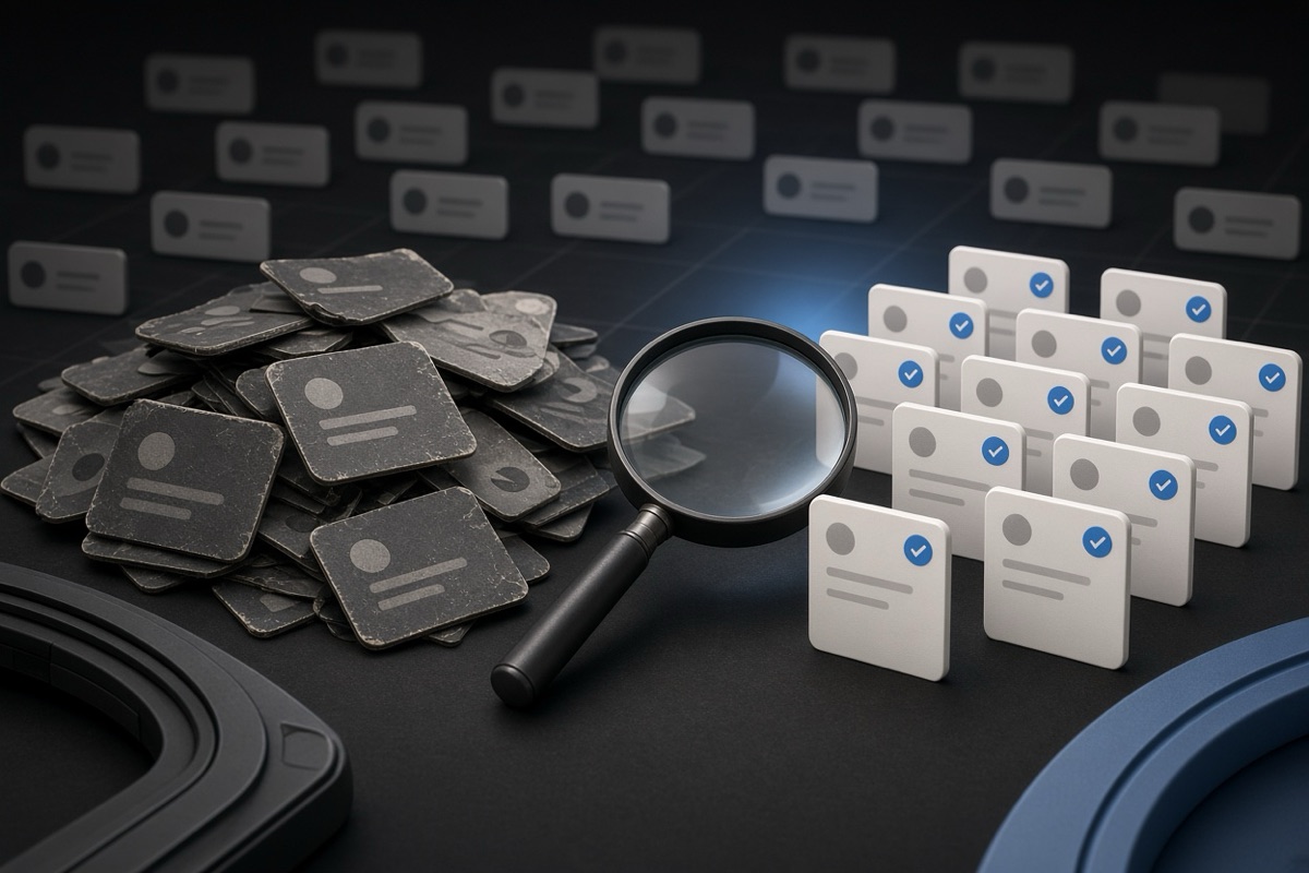 On the left, stacks of social post cards lie toppled and scattered in a cluttered heap beside a magnifier; on the right, the same stacks of social post cards stand in neat upright rows next to the magnifier.
