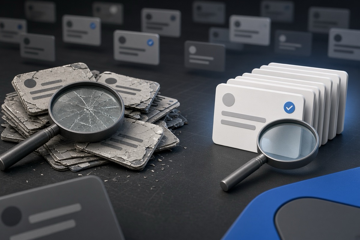 On the left, toppled and scattered stacks of social post cards lie beside a cracked magnifier; on the right, neat upright stacks of social post cards stand beside the same magnifier now intact.