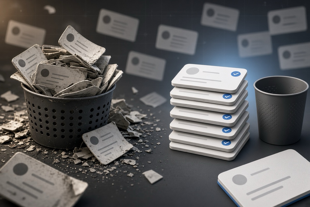 On the left, a messy heap of faded social post cards topples beside an overflowing wastebasket; on the right, a neat stack of social post cards stands beside an empty wastebasket.