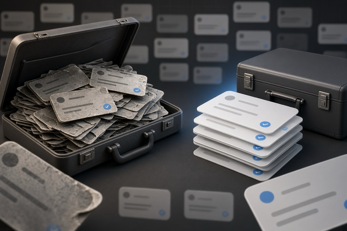 On the left, a disordered heap of social post cards spills across an open briefcase; on the right, a tidy stack of social post cards sits beside the same briefcase now closed.