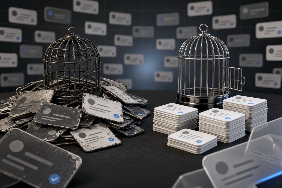 On the left, stacks of social post cards spill in a disorganized heap beside a dented birdcage; on the right, the same stacks stand in neat aligned piles next to a polished open birdcage.
