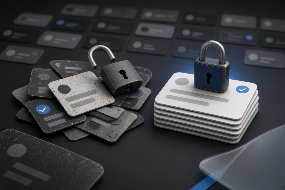 On the left, a cluttered pile of social post cards lies scattered beside an open padlock; on the right, a neat stack of social post cards sits locked under the same closed padlock.