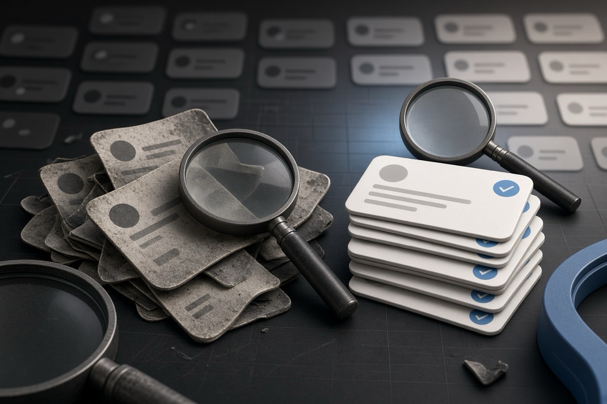 On the left, toppled and overlapping stacks of social post cards sit tangled around a magnifier; on the right, the same stacks stand in neat aligned piles beside the magnifier.