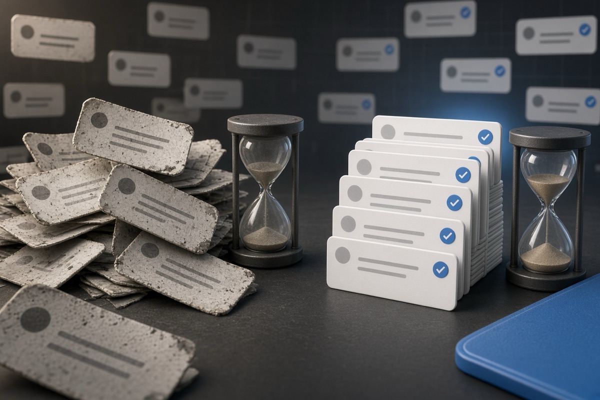 On the left, stacks of social post cards lie jammed and overlapping in a messy heap beside a stopped hourglass; on the right, the same cards stand in a neat upright stack beside the hourglass with its sand fully settled.