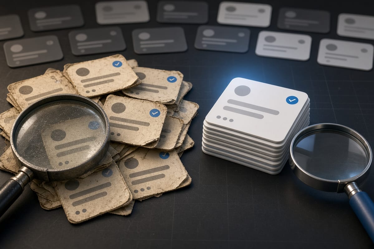 On the left, stacks of yellowed social post cards lie scattered and overlapping in a messy heap beside a dusty magnifying glass; on the right, the same cards form a single neat stack next to the clean magnifying glass.