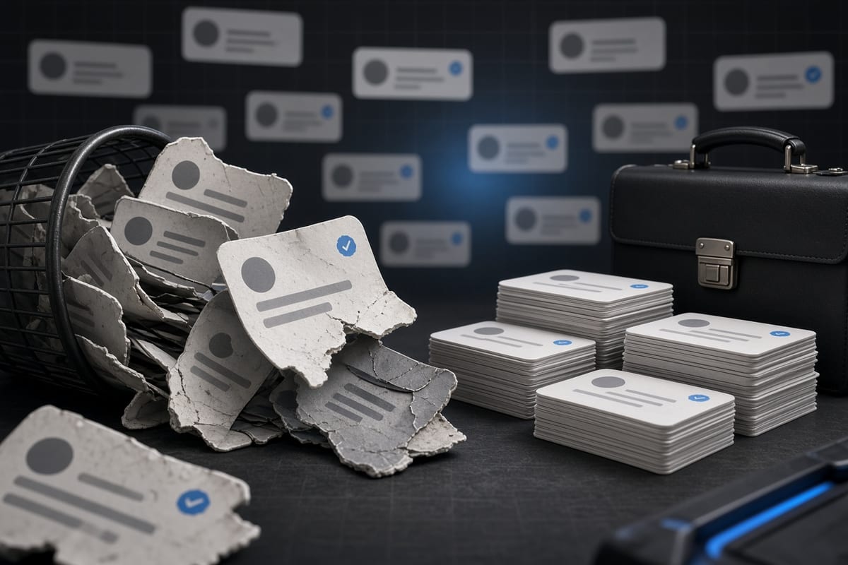 On the left, stacks of social post cards lie crumpled, torn and half-buried in a waste bin; on the right, identical stacks sit smoothed and neatly squared beside a closed briefcase.