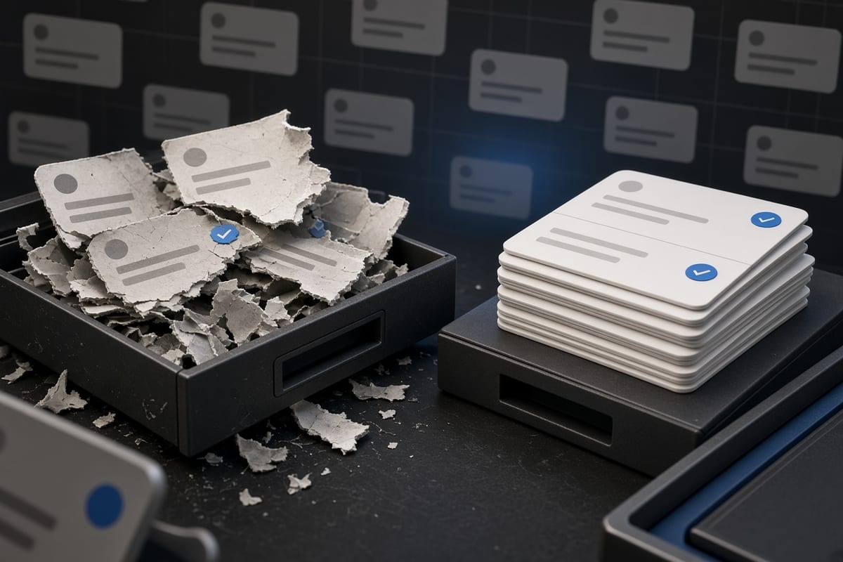 On the left, torn and scattered social post cards pile beside an open trash drawer; on the right, the same cards sit in a neat restored stack next to the closed drawer.