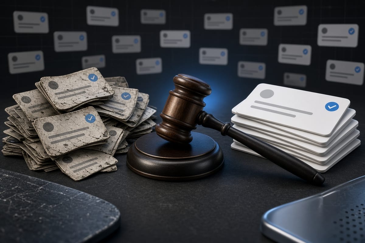 On the left, a disordered pile of faded social post cards spills beside a wooden gavel; on the right, a tidy stack of social post cards rests beside the same gavel.