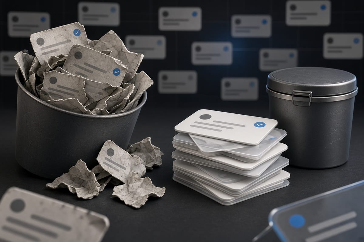 On the left, stacks of social post cards spill crumpled from an open overflowing wastebasket, on the right the same cards rest in a single neat pile beside the closed empty wastebasket.