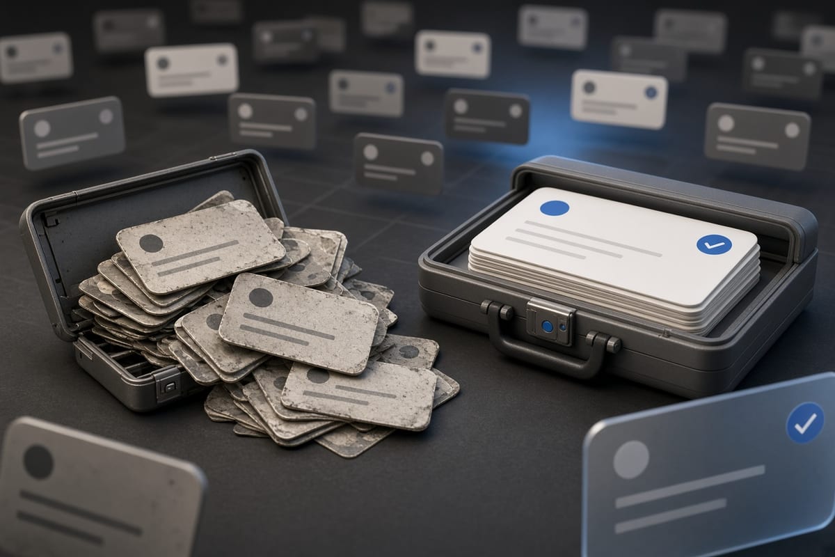 On the left, a messy pile of faded social post cards spills beside an open briefcase; on the right, a neat stack of the same cards sits tucked inside the closed briefcase.