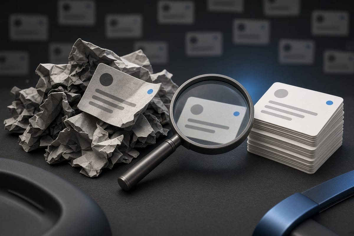 On the left, crumpled social post cards spill from a disordered overflowing stack beneath a magnifier; on the right, the magnifier rests beside a neat upright stack of the same cards.