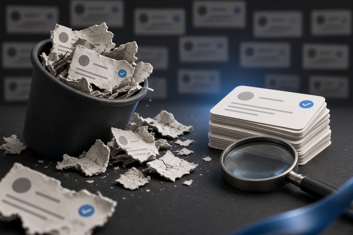 On the left, a disordered pile of torn and crumpled social post cards spills from an overflowing trash bin; on the right, the same cards sit in a neat restored stack beside a single magnifying glass.