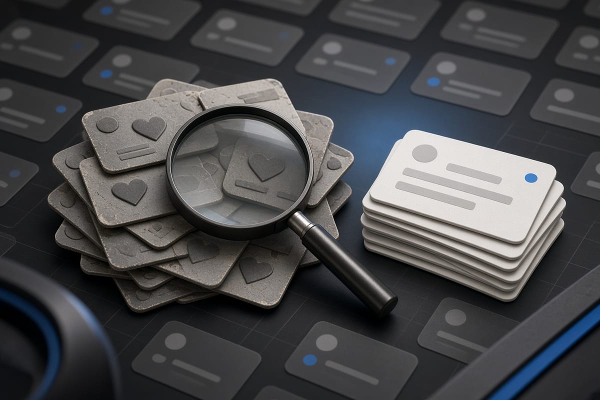 On the left, a messy stack of social post cards sits half-hidden under a magnifier with several cards still marked by raised heart shapes; on the right, the same cards lie in a neat clean pile beside the magnifier with every heart shape gone.