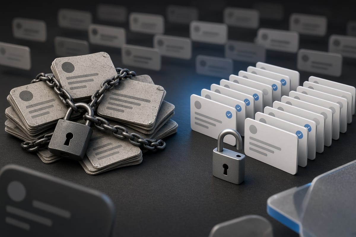 On the left, stacks of social post cards sit jumbled and chained shut beside a closed padlock; on the right, the same stacks stand in neat orderly rows beside the open unlocked padlock.