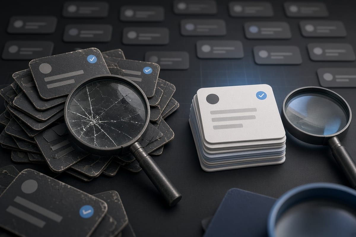 On the left, stacks of social post cards lie spilled and overlapping in a cluttered heap beside a cracked magnifying glass; on the right, the same stacks sit neatly piled beside an intact magnifying glass.