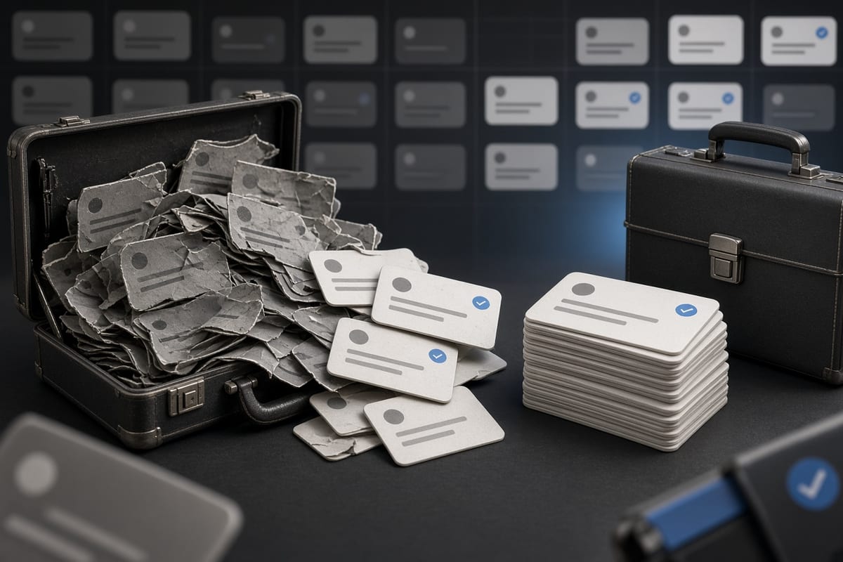 On the left, stacks of social post cards lie crumpled and overflowing beside an open briefcase; on the right, stacks of social post cards sit neatly aligned next to a closed briefcase.