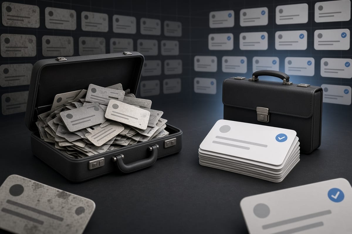 On the left, a messy pile of faded social post cards spills beside an open, overstuffed briefcase; on the right, a neat short stack of social post cards rests next to the same briefcase closed and empty.