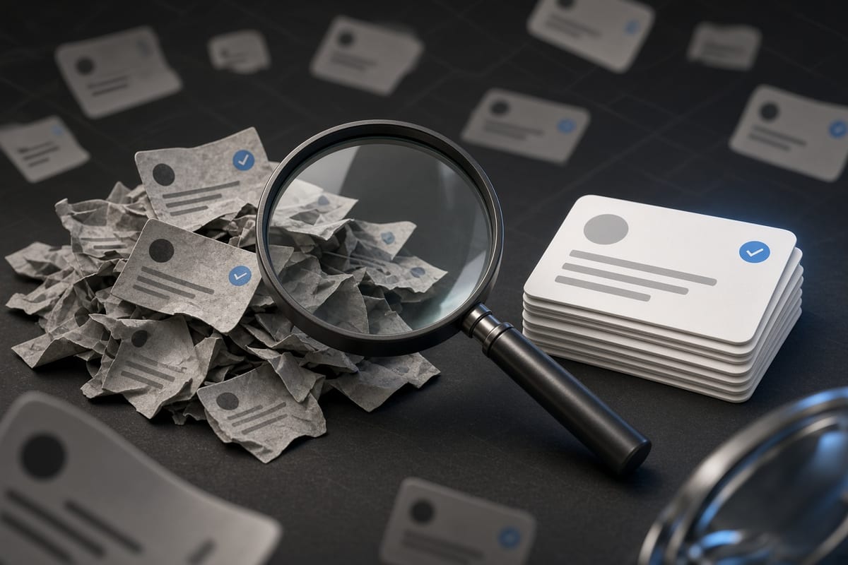 On the left, stacks of social post cards lie crumpled and overlapping beneath a magnifier; on the right, the same cards sit in a neat removed pile beside the magnifier.
