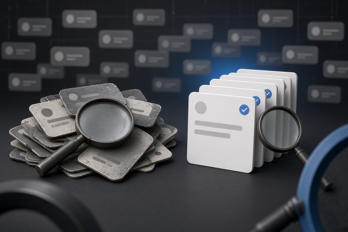 On the left, a messy stack of social post cards lies scattered and toppled beside a magnifier; on the right, the same cards stand in a neat upright stack next to the magnifier.