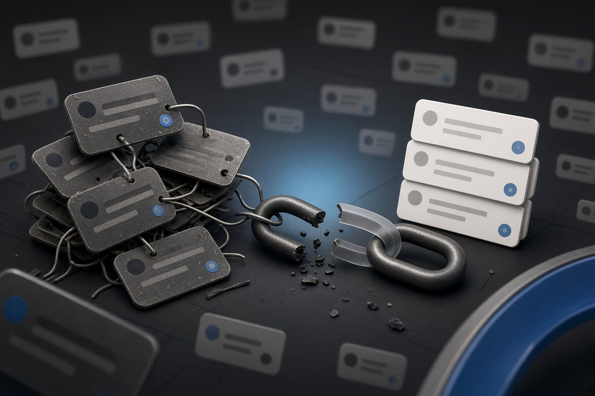 On the left, messy stacks of social post cards sit linked to tangled reply cards beside a broken chain link; on the right, the same social post cards stand in neat isolated stacks beside a single intact chain link.