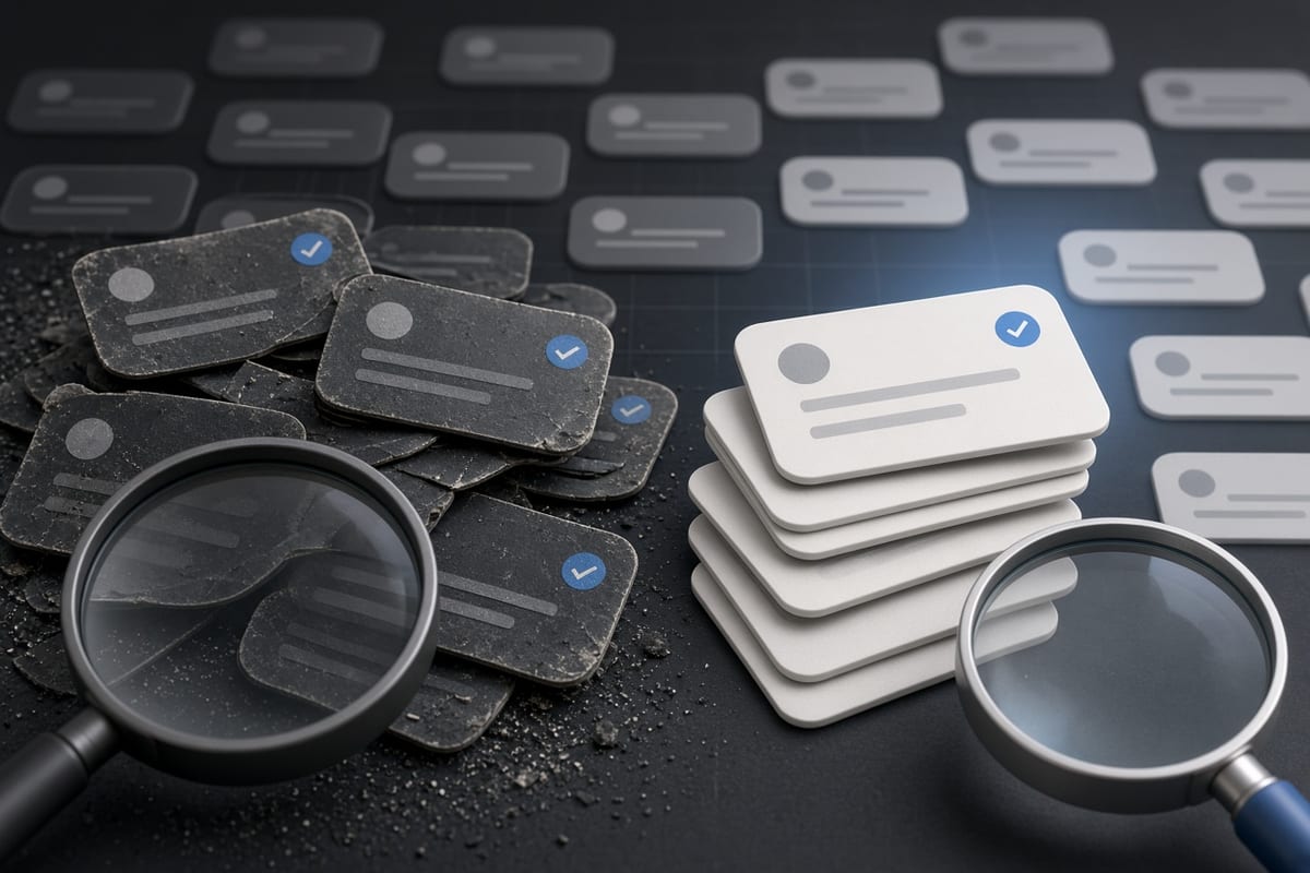On the left, messy stacks of social post cards spill across the surface beside a magnifier; on the right, the same stacks sit cleared and empty beside the magnifier.
