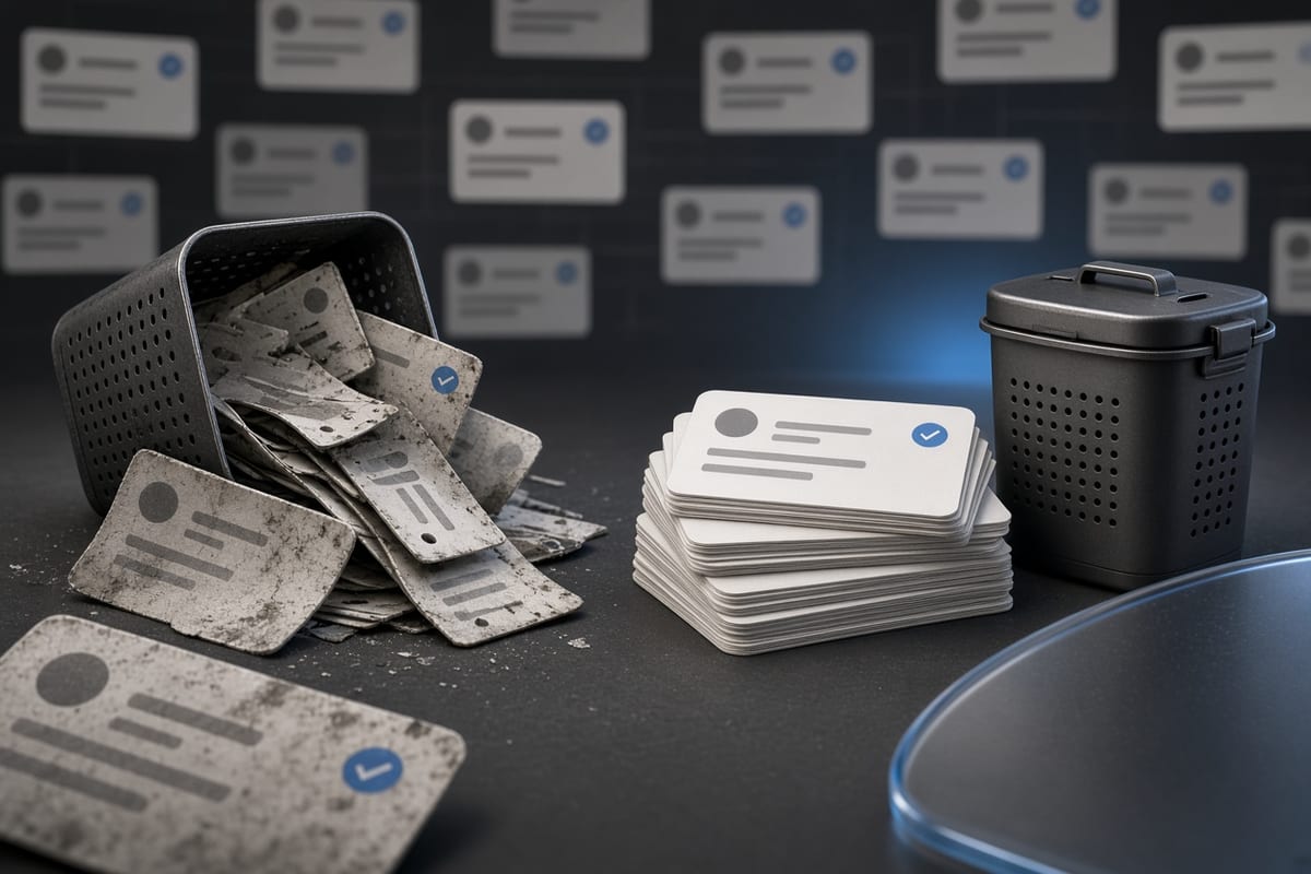On the left a messy stack of old retweet cards spills across the surface beside an open wastebasket, on the right the same cards sit in a neat short pile next to the closed wastebasket.