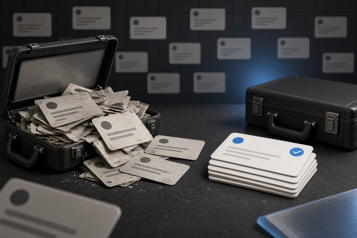 On the left, a messy stack of old social post cards spills across the surface beside an open briefcase stuffed with loose papers; on the right, a neat short stack of social post cards sits beside the same briefcase now closed and empty.