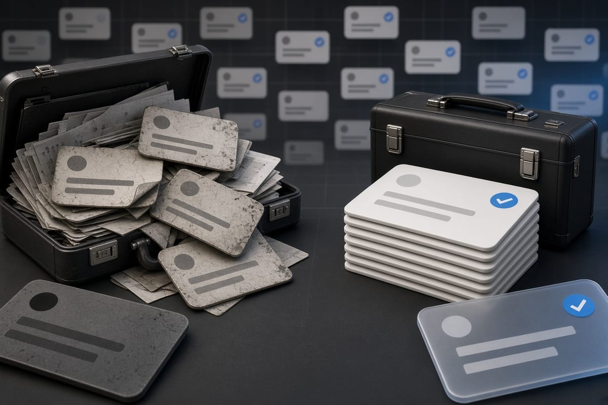 On the left, a disordered stack of social post cards spills across the surface beside an open briefcase stuffed with loose papers; on the right, a neat stack of social post cards sits closed beside the same briefcase shut clean.