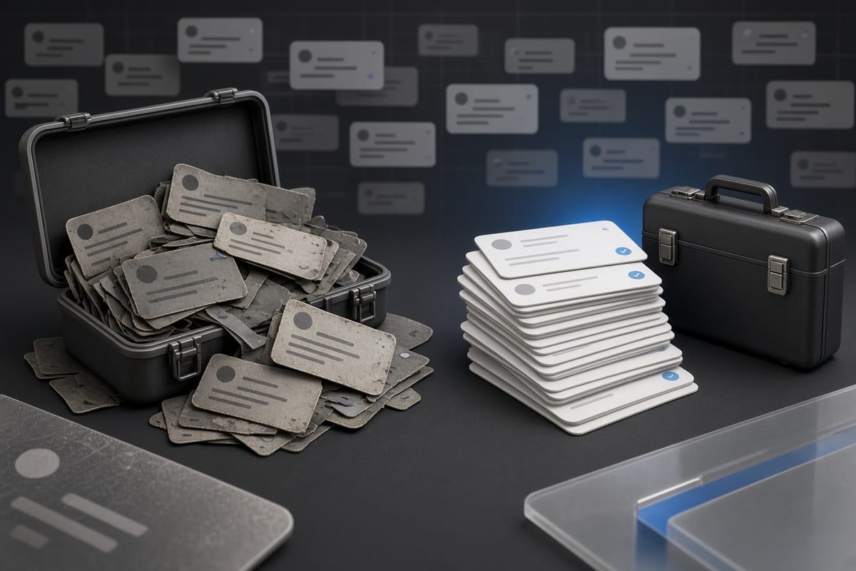 On the left, stacks of social post cards spill in a cluttered heap beside an open briefcase; on the right, the same stacks sit cleared and orderly next to the closed briefcase.