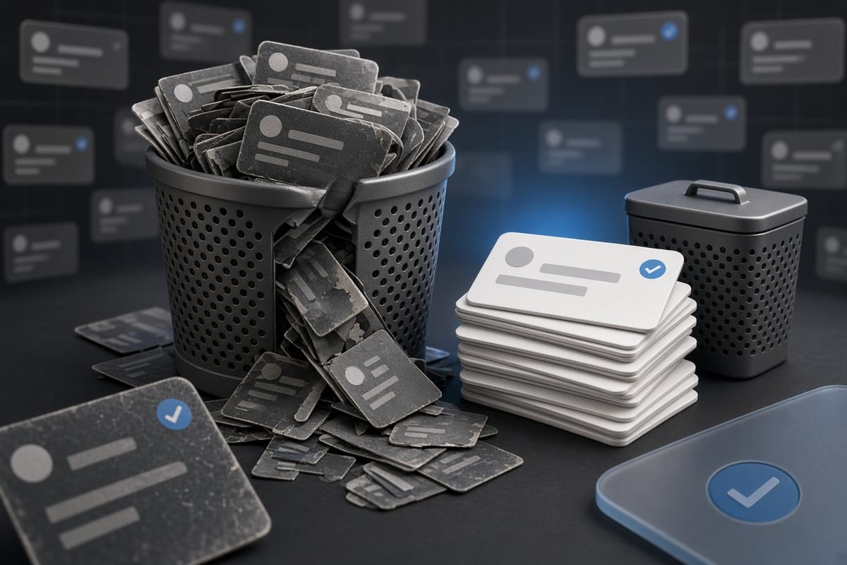 On the left, a messy heap of social post cards tumbles beside an overflowing wastebasket; on the right, a tidy short stack of social post cards rests next to the same wastebasket now empty and closed.