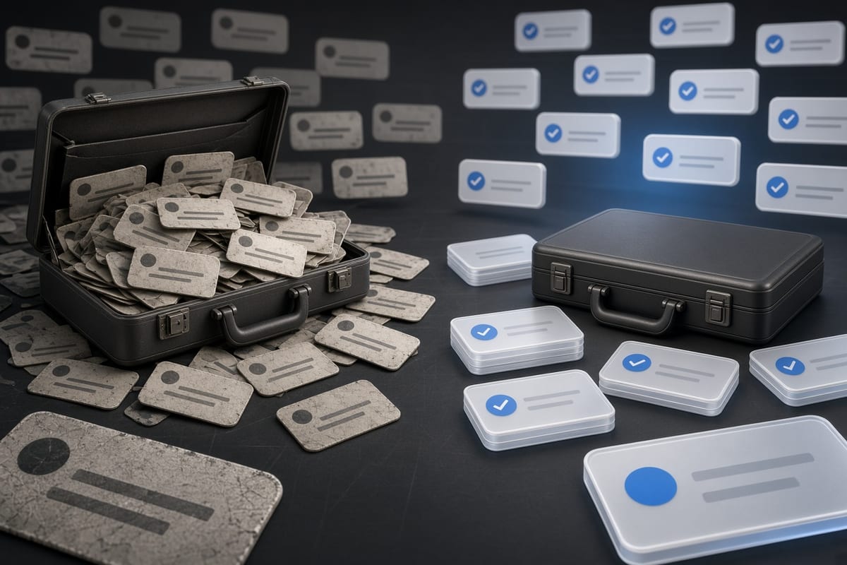 On the left, stacks of social post cards spill in a disordered heap beside an open briefcase crammed full of them; on the right, the same stacks sit neatly cleared and sparse next to the closed empty briefcase.