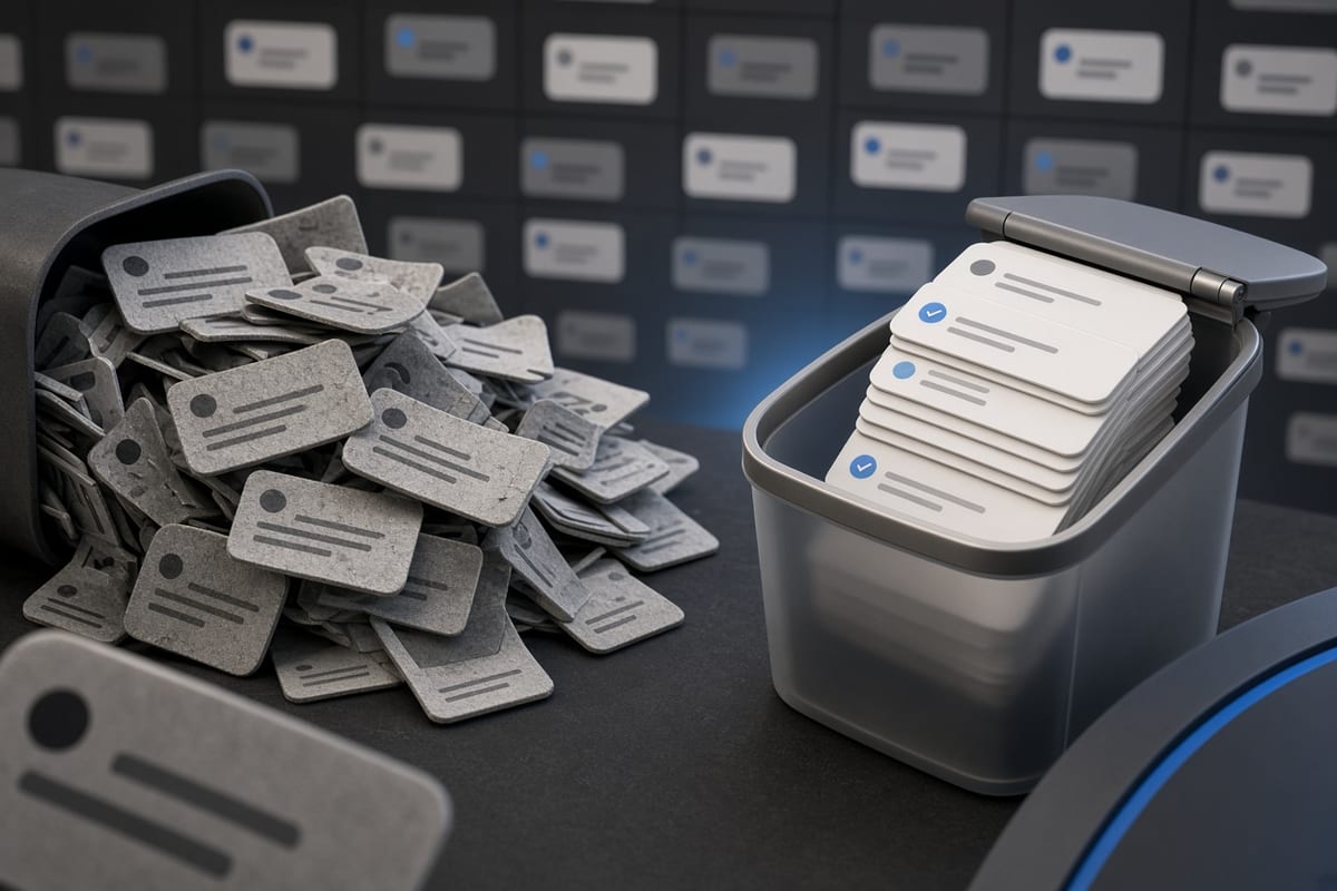 On the left, stacks of social post cards spill and multiply in a cluttered heap beside an open wastebasket; on the right, the same cards sit in a single neat pile as they slide fully into the closed wastebasket.