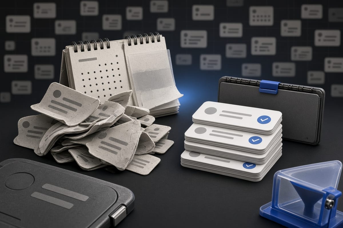 On the left, a cluttered stack of social post cards spills mixed old tweets beside an open calendar; on the right, the same cards sit in a neat filtered pile next to the closed calendar.