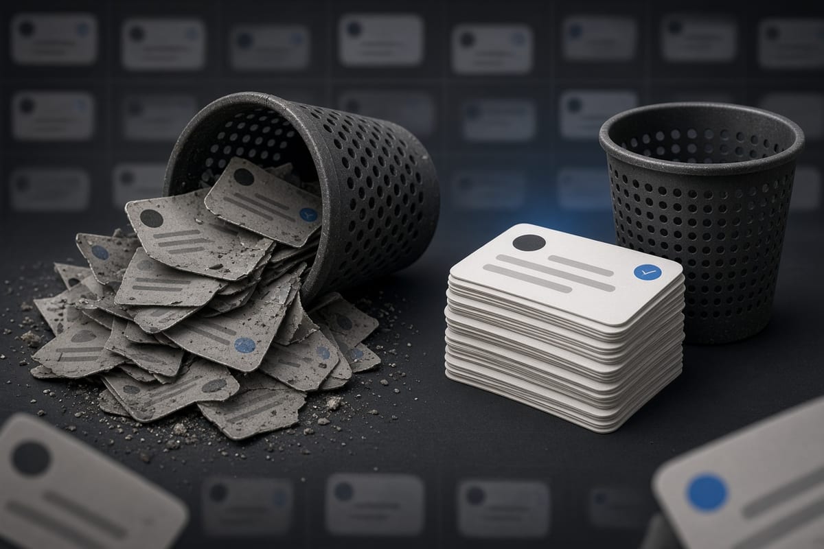 On the left, stacks of social post cards lie scattered and overlapping beside an open overturned wastebasket; on the right, the same cards form a single neat stack next to the wastebasket standing upright and empty.