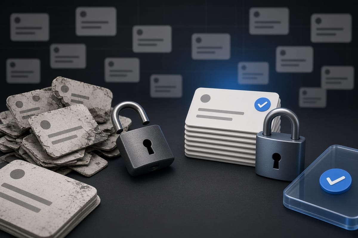 on the left, stacks of social post cards lie scattered and overturned beside an open padlock; on the right, the same stacks of social post cards sit neatly ordered beside a closed padlock.
