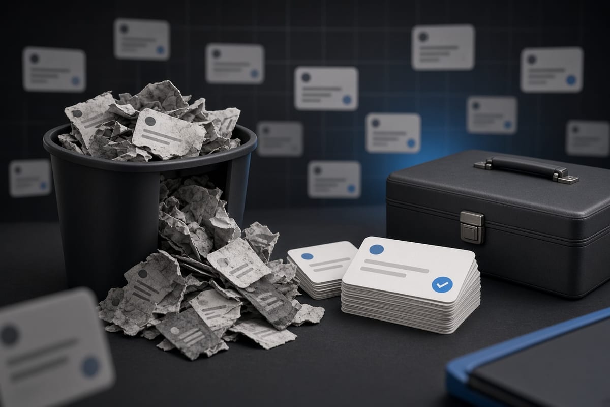 On the left, stacks of social post cards lie crumpled and overflowing beside an open trash bin; on the right, the same cards sit in one neat short stack next to a closed briefcase.