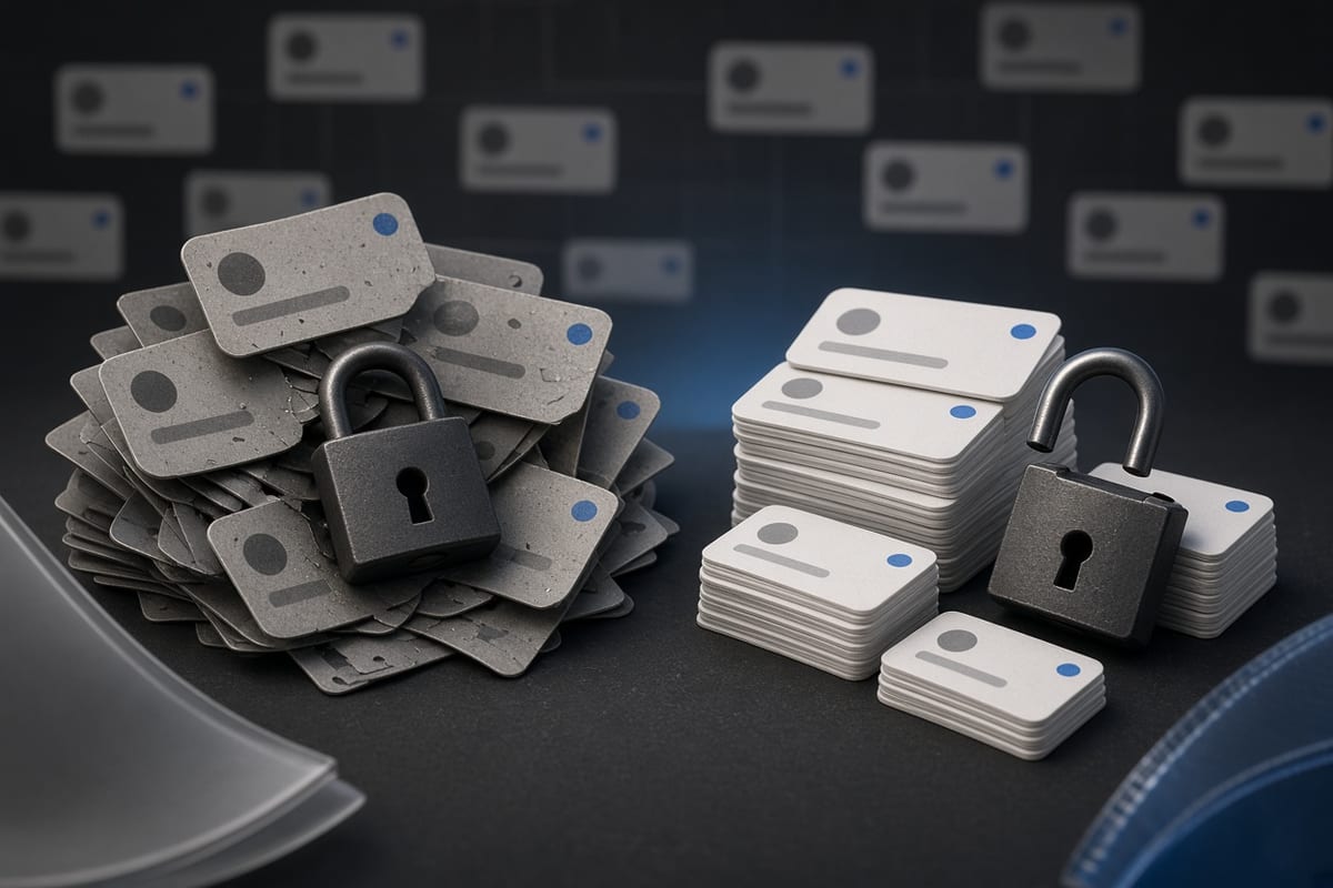 On the left, messy stacks of social post cards sit jammed against a closed padlock; on the right, the same cards lie in tidy cleared piles beside the open padlock.