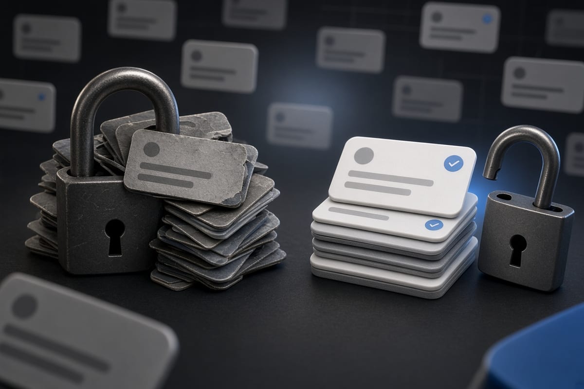 On the left, a cluttered pile of social post cards sits locked inside a closed padlock; on the right, the same cards rest in a tidy cleared stack beside the open padlock.