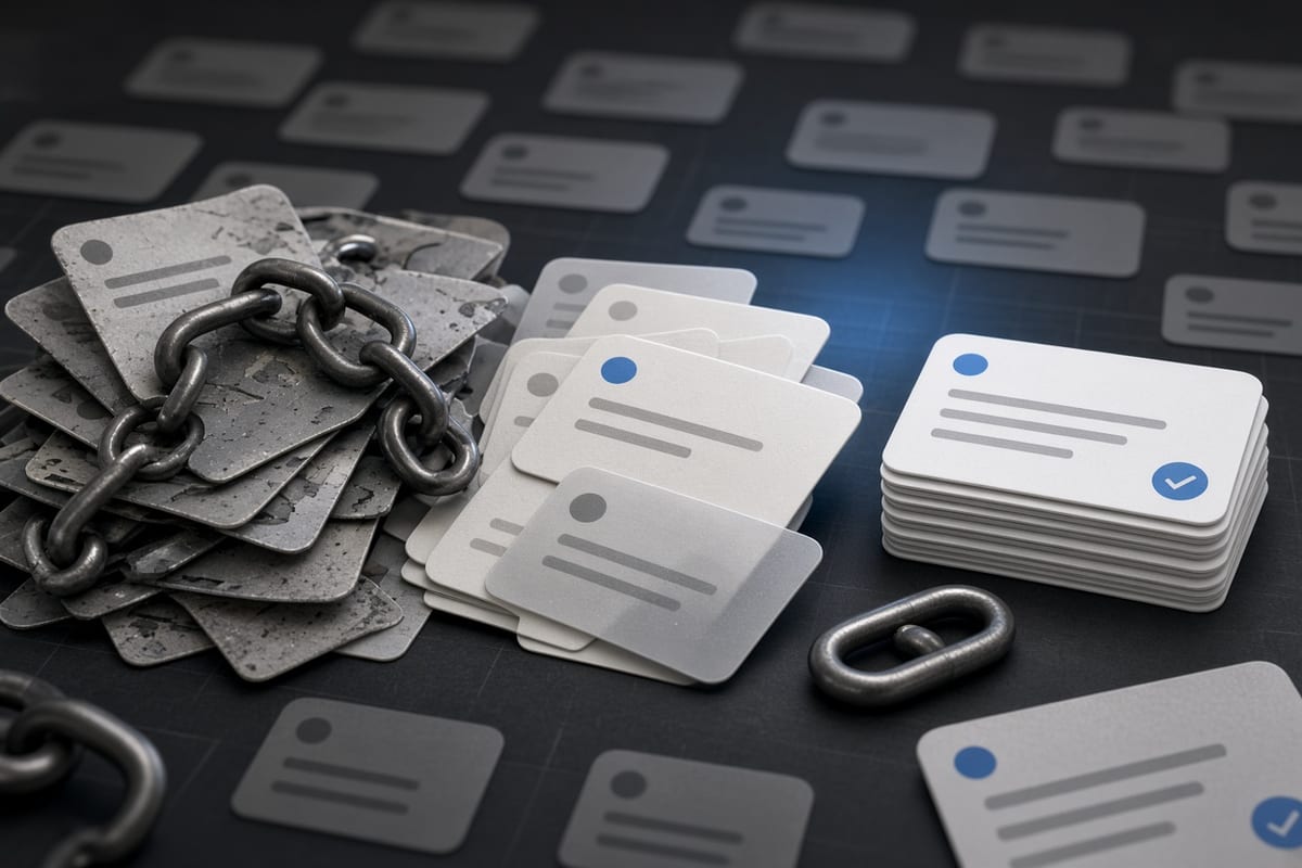 On the left, messy stacks of social post cards lie tangled with open chain links; on the right, neat stacks of social post cards sit beside one closed chain link.