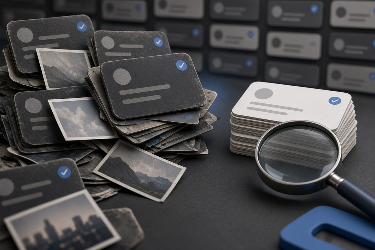 On the left, messy stacks of social post cards sit with photo prints half-attached and spilling out; on the right, the same cards lie in neat empty stacks beside a single magnifier.