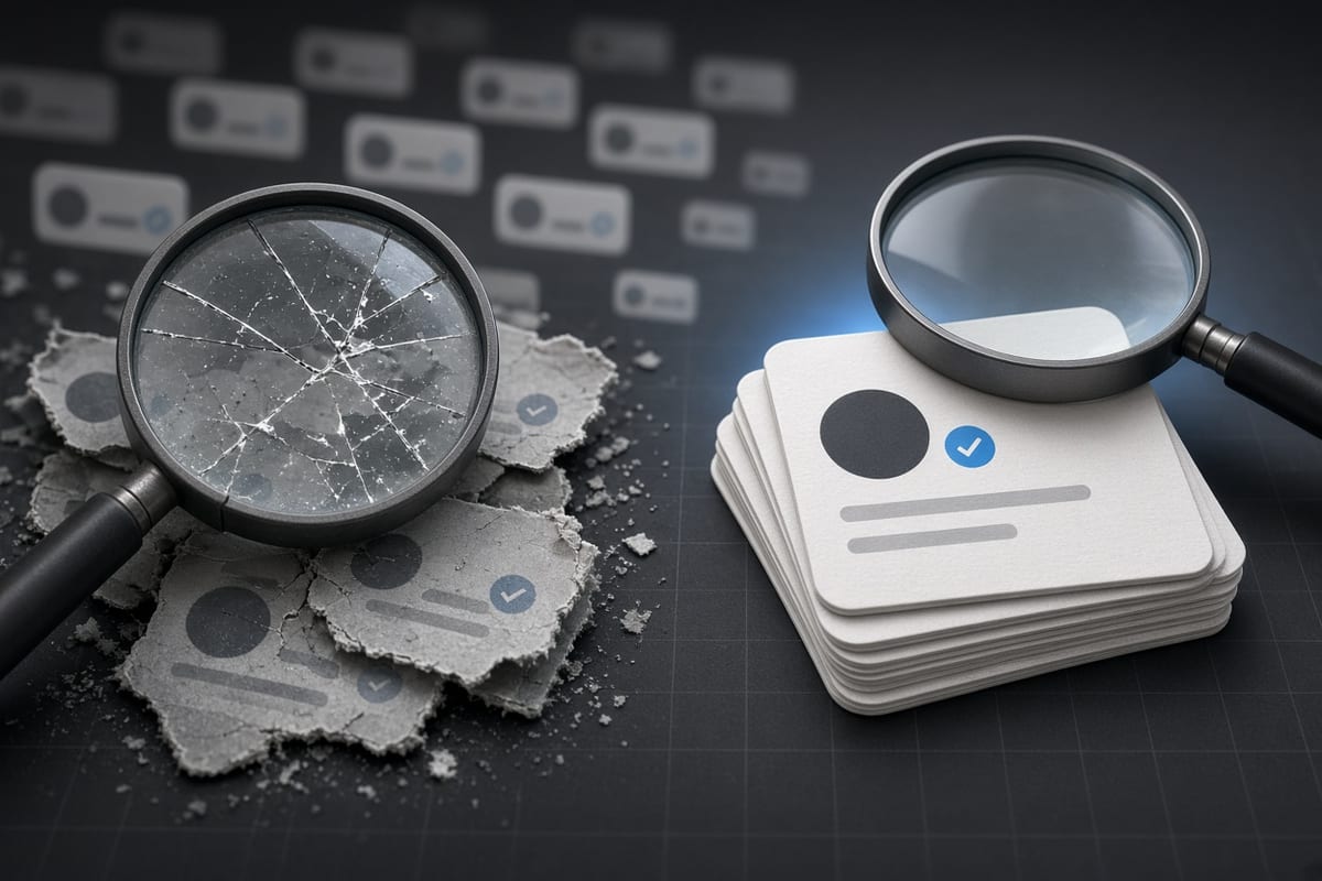 On the left, scattered torn social post cards lie beside a cracked magnifier; on the right, a neat stack of social post cards sits under an intact magnifier.